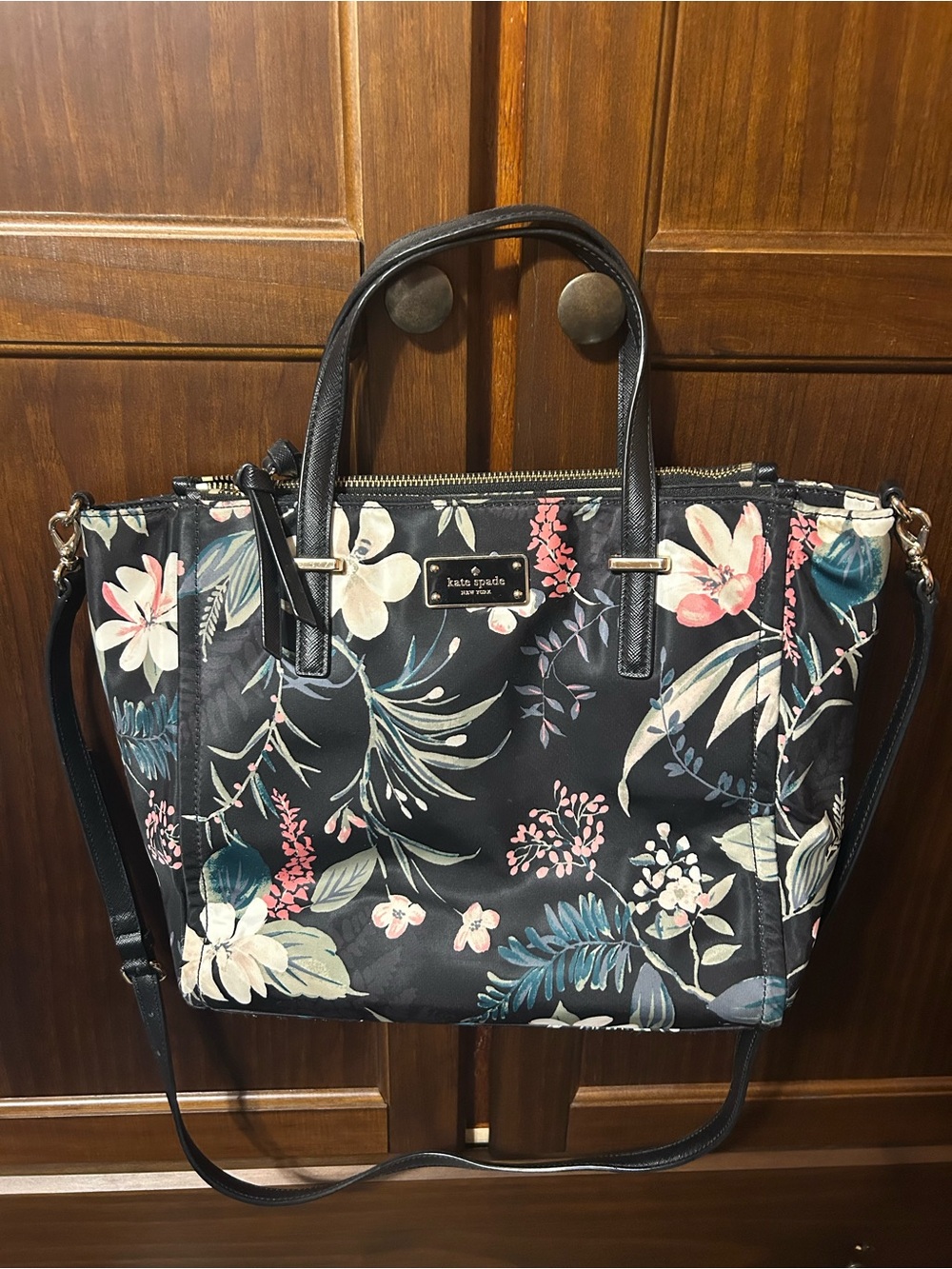 kate spade black floral tote with pink and teal accents